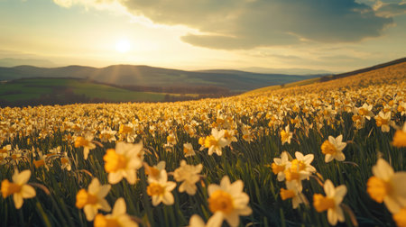 Wide shot of a rolling field of daffodils with their bright yellow petals glowing in the sunlightの素材