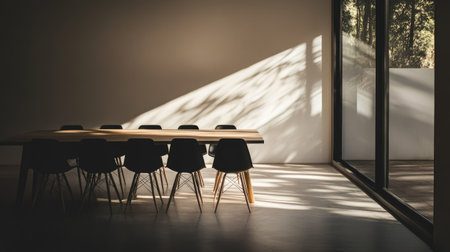 Wide view of a minimalist dining area with a simple table, modern chairs, and a focus on natural light and uncluttered space -の素材