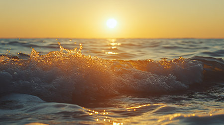 Wide shot of rolling waves in a calm sea with the sun setting in the background, creating a golden reflection -の素材