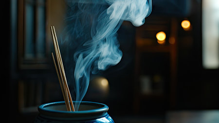 Wisps of white smoke rising gently from a burning incense stick, with a dark, blurred background adding to the atmosphere. -の素材