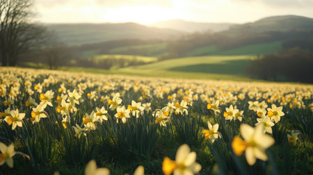 Wide shot of a rolling field of daffodils with their bright yellow petals glowing in the sunlightの素材