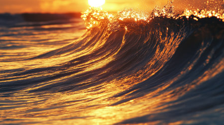 Wide shot of rolling waves in a calm sea with the sun setting in the background, creating a golden reflection -の素材