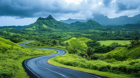 Wide view of a picturesque, winding road through a lush green landscape with scenic mountains in the distanceの素材