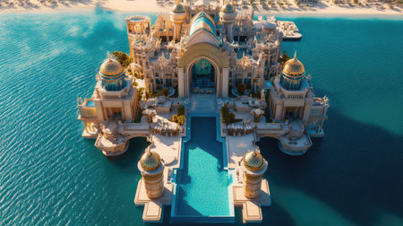 Discover a captivating aerial view of a stunning beachfront resort, showcasing luxurious architecture amidst serene waters and sandy shores. Perfect for travel inspiration.の素材