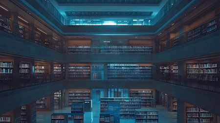 Discover the captivating interior of the Suwon Library, featuring a modern design with multiple levels of neatly arranged bookshelves and vibrant lighting.の素材
