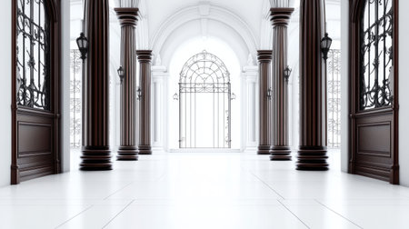 Discover an elegant main entrance featuring captivating architectural details. Columns and intricate designs create a bright, luxurious ambiance, perfect for inspiration.の素材