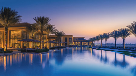 A stunning view of a luxury outdoor pool at twilight, surrounded by palm trees and modern architecture, creating a serene and tranquil atmosphere.の素材