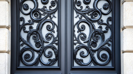 This image showcases an ornate iron door featuring intricate designs and patterns, perfect for adding a touch of elegance to any architectural setting.の素材
