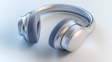 A stylish modern silver headphone design featuring a sleek and minimalistic look, perfect for music lovers seeking comfort and quality in audio experiences.の素材
