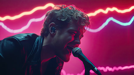 Captivating image of a handsome man passionately singing into a microphone, surrounded by vibrant neon lights, showcasing the dynamic energy of live performance.の素材