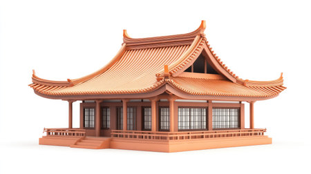 A highly detailed mockup of a traditional Asian-style building, showcasing intricate roof design and elegant architectural features for creative projects.の素材