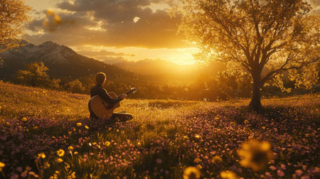 A tranquil scene featuring a musician playing guitar amidst a vibrant field of flowers at sunset, capturing the essence of harmony and nature's beauty.の素材