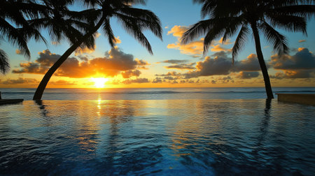 Experience the calming beauty of a sunset over tranquil ocean waters, framed by palm trees. This serene landscape embodies relaxation and tropical bliss. Perfect for evoking wanderlust and peacefulness.の素材