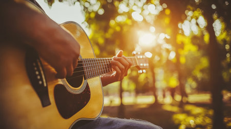 A warm, serene moment of a musician playing an acoustic guitar outdoors. Sunlight filters through trees, creating a beautiful atmosphere filled with creativity and passion.の素材