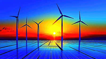 A breathtaking sunset scene featuring wind turbines silhouetted against a vibrant sky. The interplay of colors creates a picturesque landscape, blending nature and technology.の素材