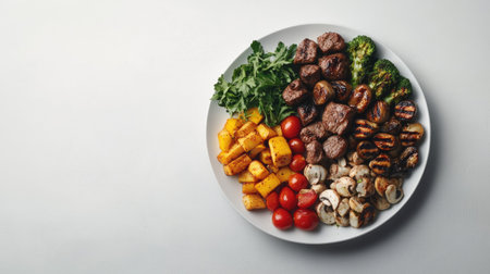 A visually appealing arrangement of grilled vegetables and meat on a white plate, showcasing vibrant colors and textures for a healthy dining experience. Perfect for culinary inspiration or summer cookouts.の素材