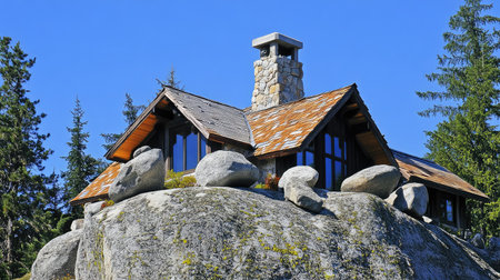 A stunning house perched on a rocky outcrop, surrounded by trees and blue sky. This unique architectural design blends with nature, offering a serene escape.の素材
