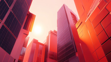 A stunning view of modern high-rise buildings reflecting vibrant red hues under a sunlit sky, showcasing innovative photovoltaic power practices in an urban setting.の素材