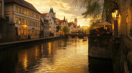 This stunning image captures a tranquil sunset over a historic canal town, highlighting beautiful architecture and warm reflections on the water.の素材