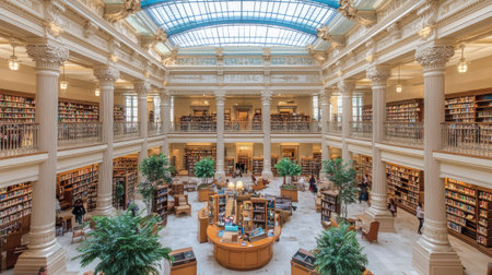 Visitors explore the serene ambiance of a stunning library filled with books, light, and architectural beauty, perfect for study and relaxation.の素材