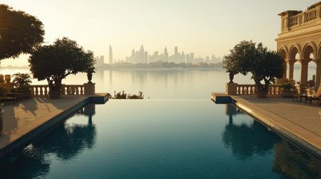 Enjoy a serene morning view of luxury mansions beside tranquil waters, showcasing a stunning skyline at sunrise, perfect for relaxation and inspiration.の素材