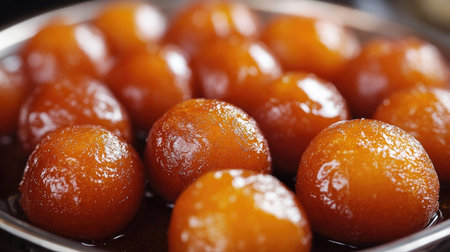 A macro shot of a traditional Indian dessert, such as gulab jamun or jalebi, capturing the rich texture and vibrant colors of the sweet treat.の素材