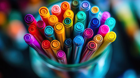 Close-up of colored pens in a glass jar, with their vibrant colors creating a visually appealing patternの素材