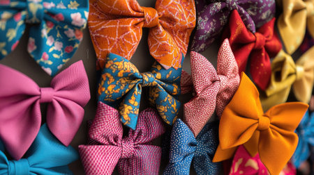 A series of colorful bows arranged neatly in a row, each made from different fabrics, creating a visually appealing display. -の素材