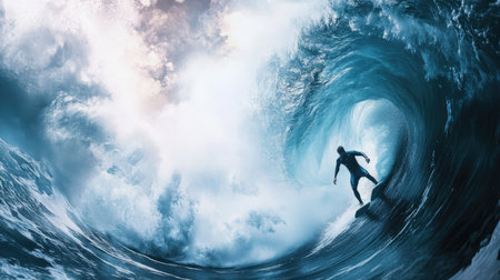 Close-up of a surfer riding a large, curling wave, with the ocean spray and action captured vividlyの素材