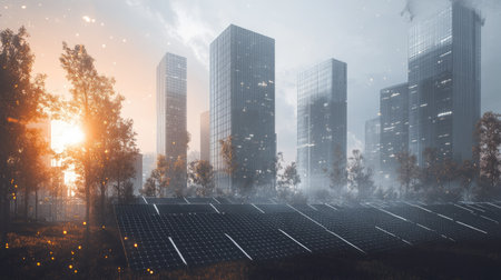 Explore a dynamic urban landscape showcasing photovoltaic panels under a golden sunset, highlighting the harmony between technology and nature in modern development.の素材