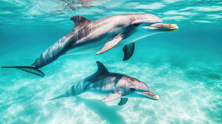 A dolphin mother and her calf swimming close together in shallow turquoise waters, showcasing their strong bond. -の素材