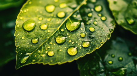 Close-up of large water droplets on a vibrant, lush leaf after a rain shower, with natural lighting and reflectionsの素材