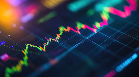 Close-up of a financial graph with fluctuating stock market trends and colorful line charts on a digital screenの素材