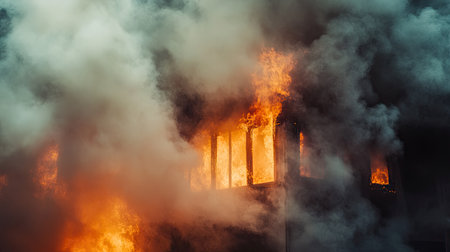 Close-up of smoke from a small building fire with intense flames and emergency responders working nearby -の素材