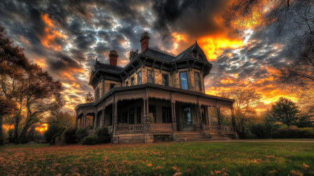 Majestic historic mansion showcased against a vibrant sunset sky, highlighting its intricate architecture and surrounding natural beauty. An enchanting scene for any viewer.の素材