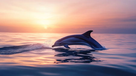 A dolphin's dorsal fin breaking the surface of the water as it swims in a calm ocean at dawn, with soft pink and orange hues in the sky.の素材