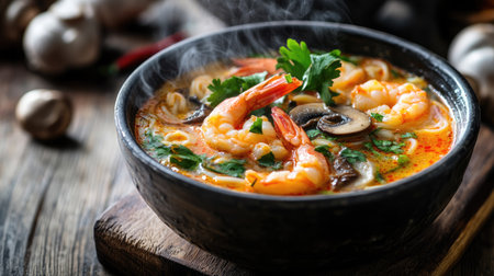 Close-up of a steaming bowl of Tom Yum Goong with plump shrimp, mushrooms, and herbs, set on a rustic wooden tableの素材