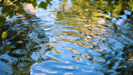 Close-up of small, rippling waves on a pond with reflections of surrounding foliage and blue sky -の素材