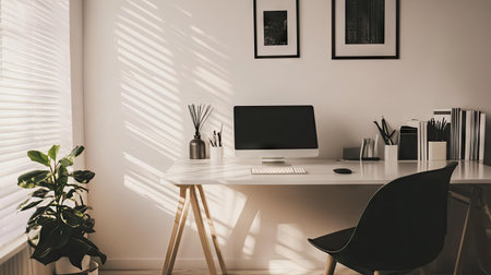 Close-up of a minimalist home office with a sleek desk, ergonomic chair, and minimalistic decor, focusing on a clean workspaceの素材