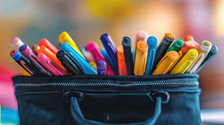 Detailed shot of a pencil case filled with an assortment of colored pens and markers, with a soft, blurred background -の素材