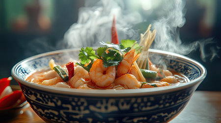 Detailed shot of Tom Yum Goong served in a traditional Thai bowl, with steam rising and fresh ingredients like lemongrass and chilies visibleの素材
