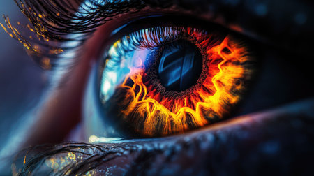 Macro shot of an eye with vibrant colors, highlighting the intricate patterns of the irisの素材