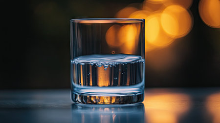 Detailed shot of a glass of water with a soft focus background and a gentle ripple on the surfaceの素材