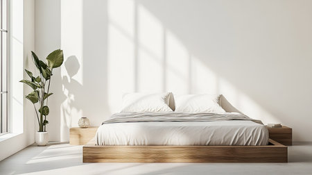 Detailed shot of a minimalist bedroom with a low-profile bed, simple bedding, and a serene, clutter-free atmosphereの素材