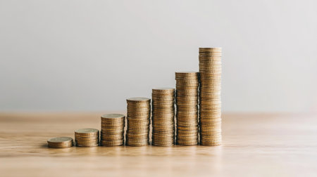 Creative bar chart with bars made of stacked coins, representing financial growth, white backgroundの素材