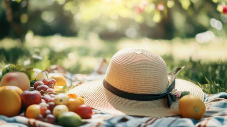 Detailed view of a traditional straw hat with a wide brim, placed on a picnic blanket with summer foods and a sunny background -の素材
