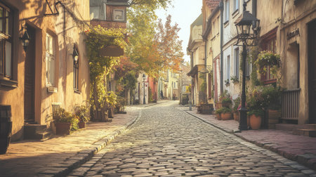Detailed view of a beautifully paved road through a quaint, historic town with charming buildings and street lampsの素材