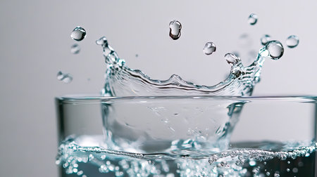 Detailed view of a glass of water with a splash of water and dropletsの素材