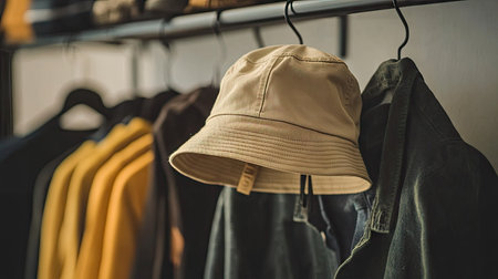 Detailed view of a sleek, modern bucket hat with a minimalist design, hanging on a coat rack with casual clothingの素材
