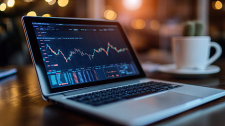 Detailed shot of a stock chart with market trends and performance metrics displayed on a tablet or laptop -の素材